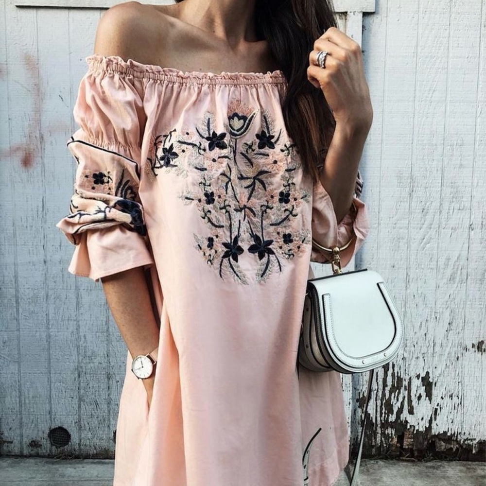 Free People Fleur du Jour Pink On/Off-Shoulder Embroidered Mini Dress